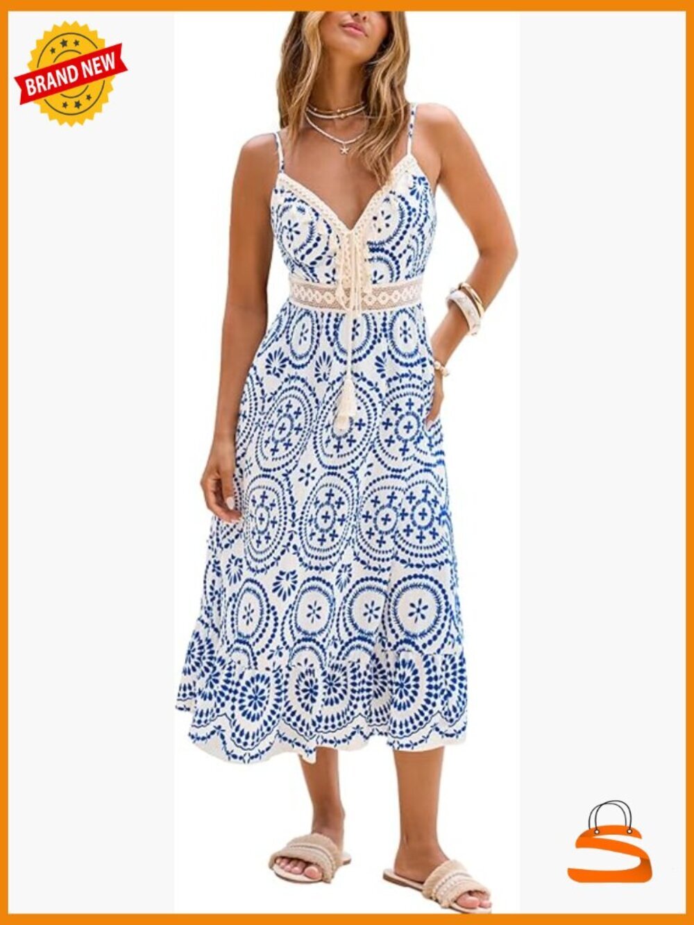 Boho Midi Dress with Crochet Lace Trim Spaghetti Strap V Neck Drawstring